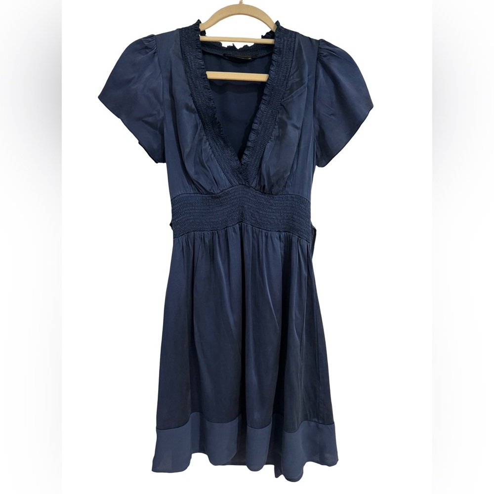 BCBG Max Azria Navy Smocked Waist Flutter Sleeve Dress XS